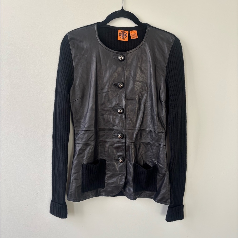 Tory Burch Leather Jacket with Knit Sleeves